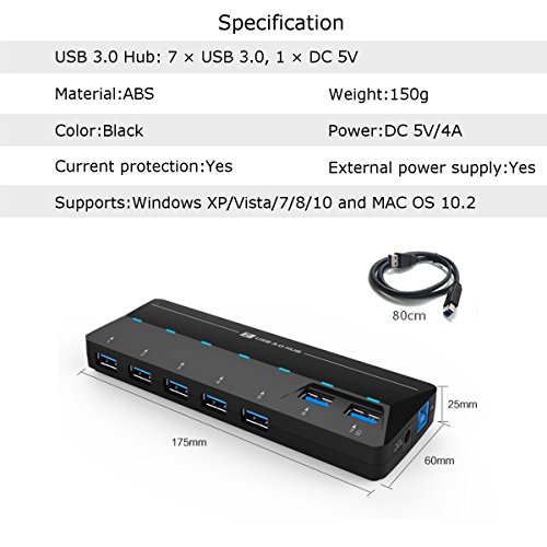 USB 3.0 Hub, ONCHOICE 6 Ports USB 3.0 + 1 QC Ladeport 1.5A Quick Charge LED-Anzeigen mit 5V/4A Netzteiladapter für MacBook,Windows Laptop, iPhone, iPad, Samsung und andere USB 3.0 kompatibel Geräten - 5