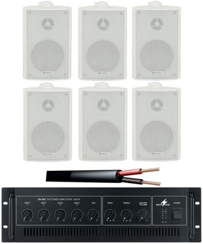 Outdoor Public Address System with 6 Wall Speakers, 240w Amplifier & Cable