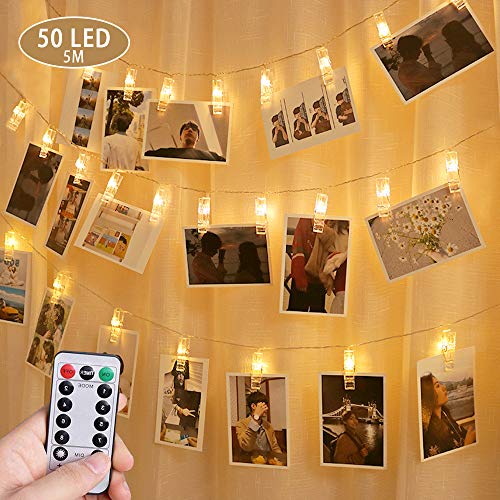 Cadena de Luces, OASMU 50 Led Foto Clips 5M de Luz Cálido Guirnalda Bombilla con Clips Fotos Ideal para Colgar para Guirnaldas Decoración Fotos Pinzas Fotos para San Valentín, Fiesta, Bodas, Tarjeta
