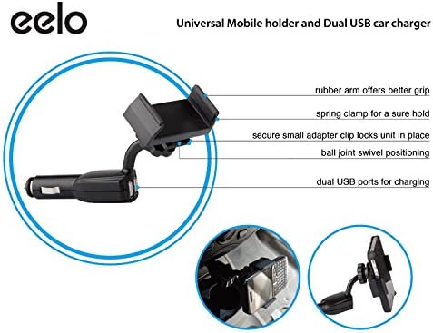 eelo Dual USB Charger with Universal Mobile Holder / Mount - Heavy Duty 2A Dual Port USB Car Charger for Iphone 6s, Iphone 6, iPhone 6S Plus, Samsung Galaxy S6, Samsung Galaxy S7 Edge , LG G5, Sony Z5, HTC 10