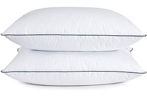 puredown® Juego de 2 Almohadas de Plumas y Plumón de Ganso con Bordes Azules, Funda de 100% Algodón, Lavable a Máquina, 50x75cm