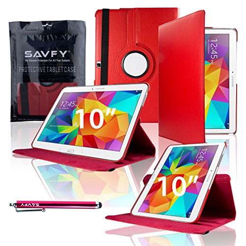 Samsung Galaxy Tab 4 10.1 Hülle, SAVFY®Ultra Slim Samsung Galaxy Tab 4 10.1 Zoll Case 360 Grad Drehung Schutztasche Kunstleder Schutzhülle mit Auto Schlaf / Wach Funktion inkl. Eingabestift und Schutzfolie (für Tab 4 10.1" T530/T531/T535)-rot