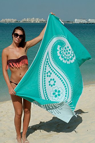 Fouta Hamamtuch xl ‚ZusenZomer‘ | Design – außergewöhnlich – schön und fällt somit an jedem Strand auf | Dieses Hamam Badetuch / Strandtuch ist schön groß, trotzdem dünn | 100x185cm | hochwertige Qualität 100% Baumwolle. (Meeresgrün mit Paisley) - 2