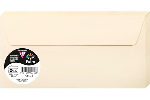 Clairefontaine Enveloppes DL Ivoire 120g Auto-Adhésives Lot 20 – Format standard 11 x 22 cm, Papier Lisse, Invitation Mariage, Faire-Part, Cartes et Correspondance – Pollen – Référence 5445C
