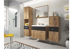 ‎MINIO GO FOR IT MINIO go for it - 4-Teilig Badmöbel Set Alo, 1x Badezimmer Spiegel mit Ablage, 1x Waschtisch Mit Unterschrank, 2X Badezimmerschrank - Laminierte Spannplatte, Kastanien Breslau und Schwarz Graphit