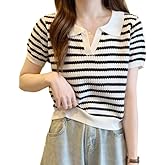 ICW Women's Knitted Ribbed Half Sleeve Horizontal Striped Polo Neck Collar Crop Top T-Shirt DN87 (One Size Fit XS-S)