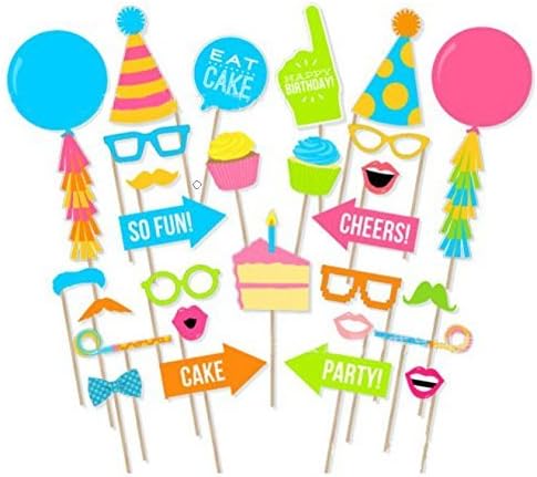 Happy Birthday Party Photo Booth Props -Birthday Party Photobooth Props Mustache, Glasses, Balloons, Cake and Hats DIY Kit - 28 Piece