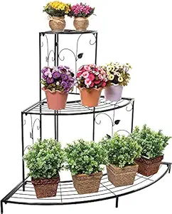 Zain Decor Home Decorative 3-Tier Metal Plant Stand Floral Corner Shelf Metal Flower Pot Rack Stair-Step Style 81cm x 57cm x 70cm (L x W x H) (Matt)