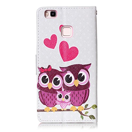 Etsue für Huawei P9 Lite Eulen Rot Liebe Herz Ledertasche Lederhülle Flip Cover Case Muster, Bunte Retro Vintage Painted PU Leder Brieftasche Schutzhülle Tasche Wallet Case Handyhüllen Etui Schale im Bookstyle mit Standfunktion Kredit Kartenfächer für Huawei P9 Lite + 1x Glitzer Staub Stecker + 1x Blau Eingabestift(Funny Owls Love Heart) - 3