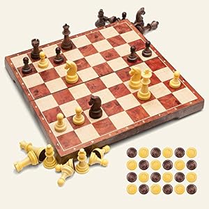UNEEDE Tablero Ajedrez Magnetico,2 EN 1 Ajedrez y Damas en Estuche con portátil de Tablero Plegable para niños y Adultos(30.2 * 30.2cm)