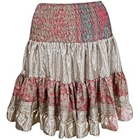 Mogul Interior Womens Flowy Gypsy Skirt Sari Swirling Tiered Flare Boho Chic Skirts Beige