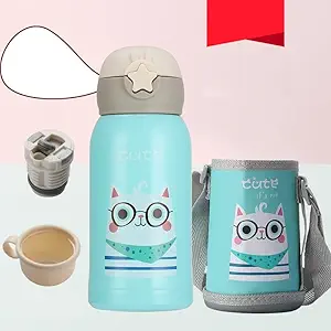 STAR WORK Double Walled Vacuum Kids Water Bottle Insulated Stainless Steel Bottle , Insulated Stainless Steel Bottle, Thermos Flask with Straw Cartoon Design Hot and Cold Water Bottle for Kids (Aqua)