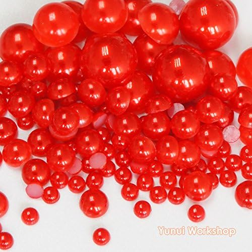 (105pcs, Red) Mixed 3mm, 5mm, 8mm, 10mm Faux Half Round Flatback Pearl Resin Cabochons Scrapbooking Nail Craft