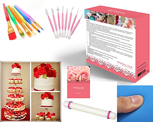 Rosalina – 20-teiliges Set mit 12 Größen einfaches Rosenwerkzeug/ Stecher + 8-teiliges Formwerkzeugset, 2 Blumenschaummatten, 23cm/ 9inch Teigrolle mit Antihaftungsbeschichtung und Markierungen, 6 verschiedene Dekorationspinsel. Für Zuckerkunst, Glasuren, Kuchen, Cupcakes + KOSTENLOSE ANLEITUNG MIT IDEEN - 6