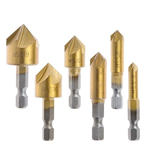 Raysen 6 Stk. 1/4 “ Sechskant Schaft HSS 5 Flöte Senkbohrer Set 90 Grad für Holz Schnellwechsel Bit 6mm-19mm - 4