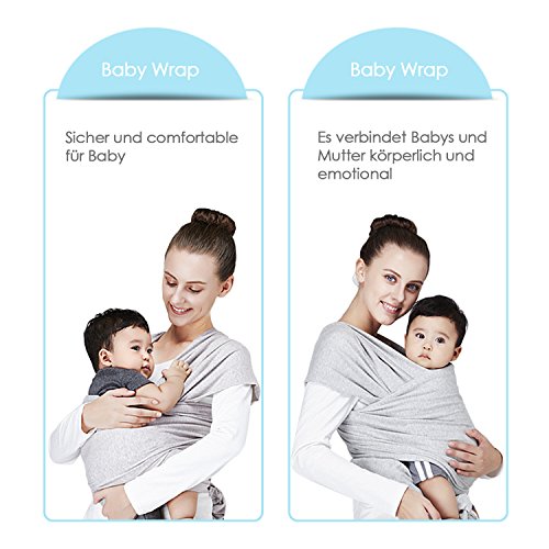 Amzdeal Baby Tragetuch Babytragetuch Bauchtrage Babytrage elastische Tragetuch Träger Baby Wrap Tragehilfe Baby Carrier Sling 5m bis 15kg belastbar(Schwarz/Grau) - 2