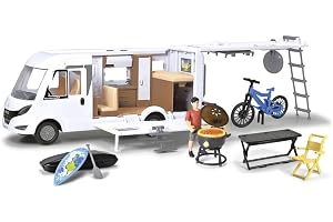 Dickie Toys 203837021 - Hymer Campingset - Öppningsbart Tak och Dörrar samt Mjuka Däck, Campingtillbehör, Figur, Cykel och Ta