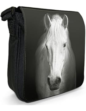 Beeindruckender umwerfender Hengst weiße Pferde Kleine Schultertasche aus schwarzem Canvas