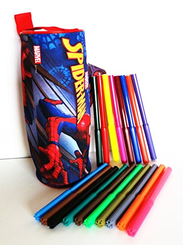 Estuche cilindrico escolar SPIDER-MAN (Marvel) 100% polyester, cremallera de metal (20 x 8 x 8 cms) + 18 rotuladores multicolores