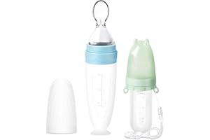 Termichy Baby Weaning Spoons Set, Baby Bottle with Spoon Silicone Pacifier Fruit Feeder for Teething Baby, Baby Food Dispensing Spoon for Infant Feeding, 90ML+30ML (Blue & Green)