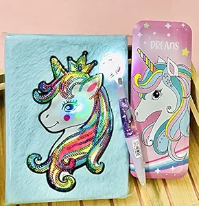 Le Delite Unicorn Fur Diary , Soft Furry Notebook Girls, Diary Kids , Notebook Stylish Diary Pen , Feather Diary Girls Kids, Pencil Box Pouch Eraser Pencil School case Stationery (Diary Combo 2)