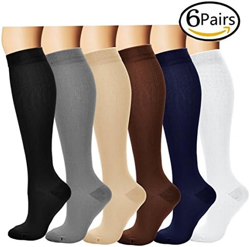 6 Pairs Compression Socks for Men Women - Graduated Knee High Stockings for Sport, Running,Edema,Varicose Veins, Flight Travel, Maternity,Pregnancy,Nurses,Reduced Fatigue, Better Blood Circulation