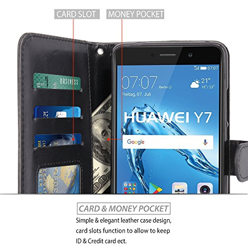 LK Huawei Y7 Funda  Carcasa Cubierta Cuero Billetera Case Flip Cover con Ranuras de Tarjeta - Negro