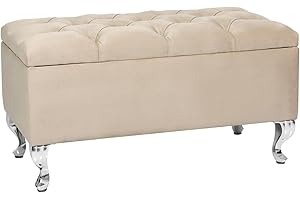 LORDLY Banco Almacenaje, Banqueta Tapizado MODIANO CR 81x42cm Beige Terciopelo, Puff Almancenaje, Reposapies, Taburete Acolchado de Almacenamiento con Tapa, Otomana para Entrada Salón Dormitorio max 300kg