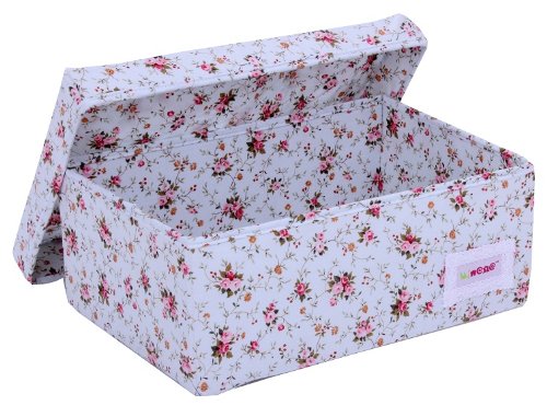 Minene Small Foldable Fabric Storage Box L32xW21xH12cmLinen Cosmetic Stationery Organiser with Flowers (Blue)
