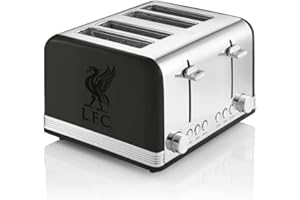 SWAN PRODUCTS LIMITED Swan ST19020LIVBN, Official Liverpool Football Club 4 Slice Retro Toaster, Black, 1600W, Red Indicator Lights, Defrost and Reheat Settings, Removable Crumb Tray, Cord Storage, LFC Toaster