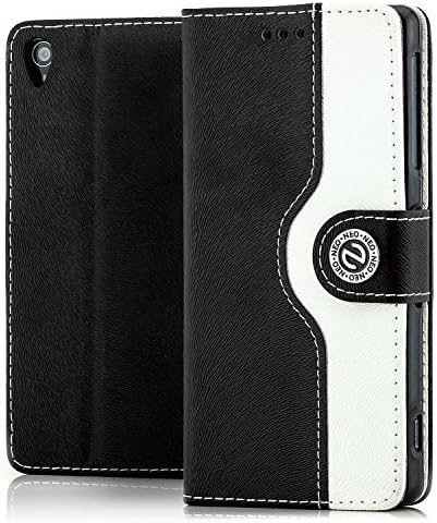 Saxonia Sony Xperia Z3 Case Protector Flip Cover Phone Wallet [Card Holder Slots] Stand Function, Two-Colour Black-White
