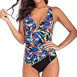 Damen Einteiler V-Ausschnitt Badeanzüge ohne Bügel Große Größen Print Tankini Bademode (Multicolor, CN:XXL)