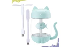 KUSIWAY Mini Humidificador Infantil de Gatito (350ml) con Luz LED USB y Mini Ventilador | Niebla Fría Silenciosa para Niños y bebes | Ideal para Dormitorio | Regalo | Seguro | Para Verano e Invierno (CELESTE)