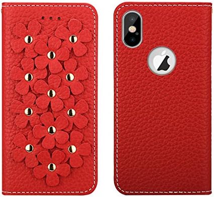 iPhone X Wallet Case Folio (5.8-Inch), 3D Vintage Flower Patchwork Flip Floral Cover PU Leather Wallet Case with 2 Card Holder for Girls and Women (Red)