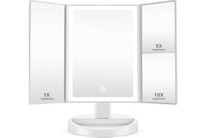 Auxmir Specchio Trucco con Luci a LED, Specchio Ingranditore 10X/5X/1X, Luminosità Regolabile, 3 Colori di Luce, Batteria Ricaricabile 2000mAh, Ideale Regalo per Casa e Viaggio