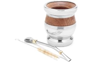 ‎BALIBETOV balibetov Yerba Mate Holzkürbis - Traditioneller Johannisbrotbaum Holz mit Aluminium (Mate Tasse) - Set enthält Bombilla (Sorbet) für Mate (Holz mit Aluminiumrand und -basis)