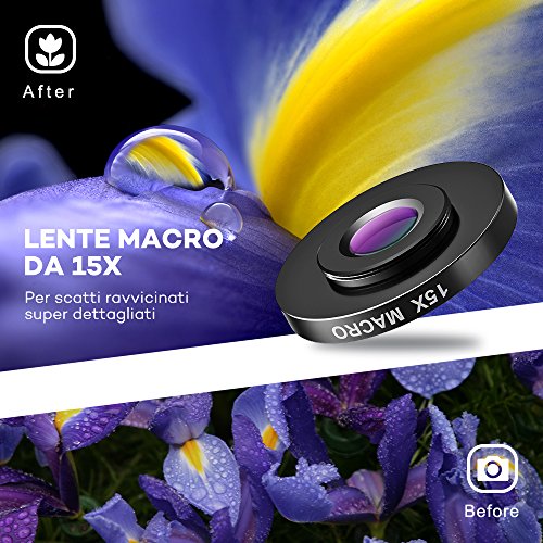 Lenti Smartphone VAVA Obbiettivi Smartphone Super Grandangolare 0.36X, Macro 15X e Lente Fisheye, Placca Posteriore Riflettente per i Selfie, Compatibile con iPhone 7, 6, 6S, 6S Plus, Samsung, ecc