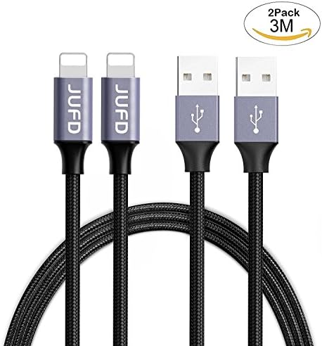 Iphone Charger Lightning Cable 3M/10FT (2-Pack) JUFD usb to Lightning Cable [Apple MFi Certified] High Lifespan Nylon Braided fast charging Cable for iPhone X/ 8/ 7/ 7Plus 6/ 6s / 6 Plus/ 5/ 5c/ 5s SE iPad Air 3/ iPad Pro（BLACK）