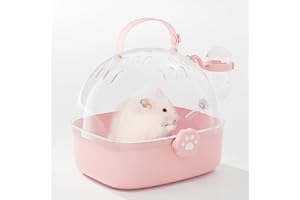 BUCATSTATE Small Animal Carrier Cage with Water Bottle, Portable Hamster Travel Carrier Carry Case 18.4L*17W*16.3H cm for Small Pets, Gerbils, Mice, Dwarf Hamster (Pink)