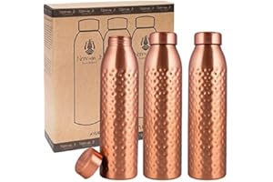 NORMAN JR Kupfer-Wasserflasche 1L – Geschenkbox mit 3 Stück, Gehämmert, ein ayurvedisches Gefäß aus reinem Kupfer – hilft Ihnen, mehr Wasser zu trinken, mit vielen gesundheitlichen Vorteilen