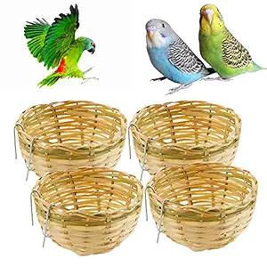 VTurboWay 4 Pack Tiny Handwoven Bamboo Bird Nest Cage House Hatching Breeding Cave with Hook for for Small Bird Parrot Budgie Parakeet Cockatiel Conure Lovebird Finch Canary Cockatoo African Grey