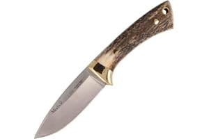 Muela Cuchillo Colibri COL-7A hoja de acero MoVa de 7 cm y empuñadura de asta de ciervo para Caza, Pesca, Supervivencia y Bushcraft Realizado en Ciudad Real + Portabotellas de regalo