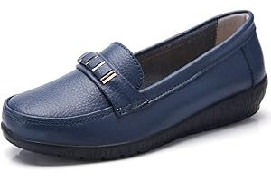 JeathFea Mocasines CláSicos De Cuero para Mujer Mocasines Casuales Antideslizantes Pisos Zapatillas De Oficina Zapatos para Mujer Antideslizantes para Caminar, Azul Marino, 40.5 EU