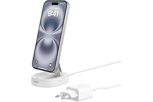 Belkin BoostCharge Pro Cargador Inalámbrico Qi2 compatible con MagSafe, Soporte de Carga Magnético rápido convertible de 15W, para Apple iPhone 17, Air, Pixelsnap, AirPods, Adaptador de 20W - Blanco