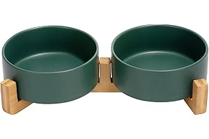 SPUNKYJUNKY Gamelle Double en céramique avec Support en Bambou pour Chat et Chien (400ml, Vert)