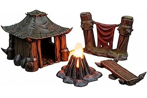 3D Vikings Orc Camp Set: cabina rustica, striscione da combattimento, accogliente falò e panchina in legno, scala 28/32 mm, grigio non verniciato, ideale per giochi di guerra e tavolo