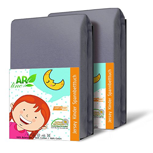 2er Packung KINDER Jersey Spannbettlaken Spannbetttuch 60 x 120 cm – 70 x 140 cm, Farbe: Anthrazit-Grau - 2