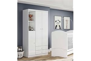 Vicawu Armadio per Bambini Mint, Bianca, Armadio per Bambini a Tre Ante con Due cassetti e Ripiani in Bianco. Armadio con Asta Appendiabiti e 5 Ripiani di 91 x 180 cm