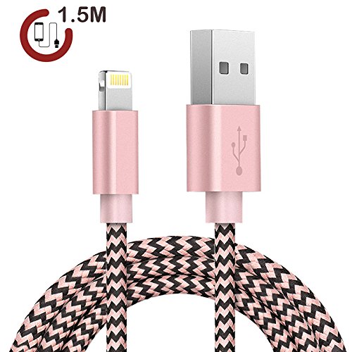 Preisvergleich Produktbild Lightning Kabel Nylon Zeuste 1.5m iPhone Ladekabel Verbindungskabel Lightning haltbar Datenkabel für Apple iPhone 6 Plus / 6 / 5 / 5S / 6S, iPad 4 iPad Mini / Air iPod und iPod 7 Arbeitet mit neuesten iOS-Update (PINK)