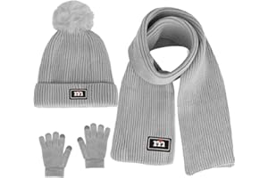 SWYGOO Kinder Bobbie Mütze Schal und Touchscreen-Handschuhe Set, Premium Core Spinngarn Strickwolle Winter Thermik Zubehör Set 3 in 1 für Jungen und Mädchen 2-7 Jahre